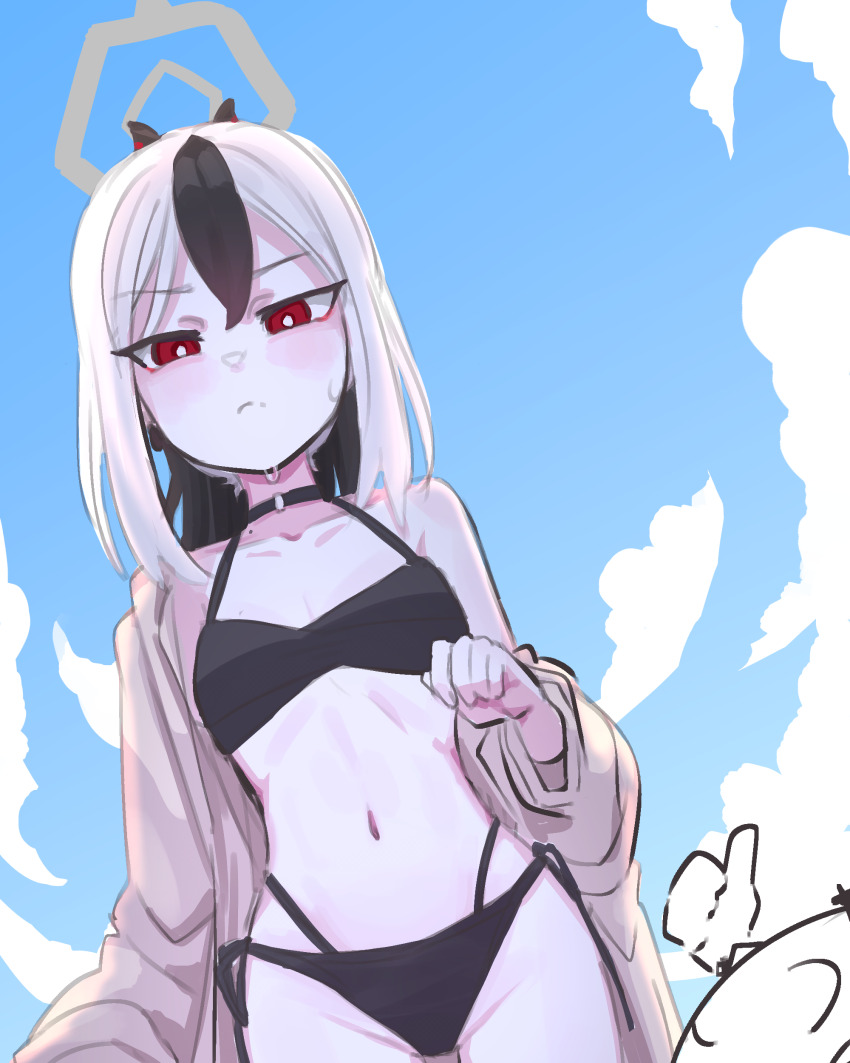 1boy 1girl absurdres bikini black_bikini black_hair black_horns blue_archive blush breasts brown_jacket cleavage collarbone commentary_request day doodle_sensei_(blue_archive) grey_hair groin hair_between_eyes halo highres horns jacket kayoko_(blue_archive) mole mole_on_neck navel neophyte outdoors red_eyes sensei_(blue_archive) small_breasts standing stomach swimsuit thumbs_up v-shaped_eyebrows