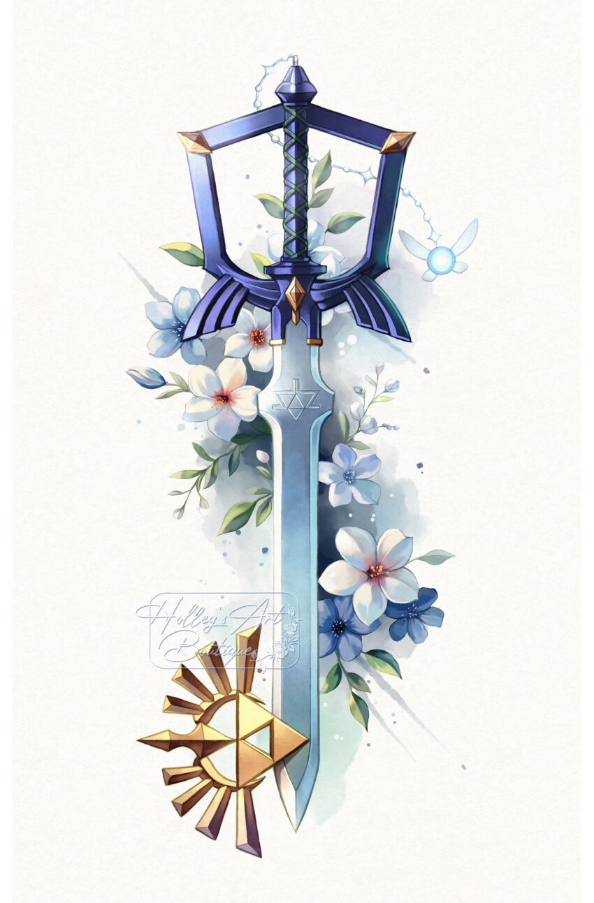 adapted_object adapted_weapon blue_flower crossover fairy flower highres hollypolllyy keyblade kingdom_hearts master_sword nintendo no_humans signature sword the_legend_of_zelda triforce watermark weapon white_flower