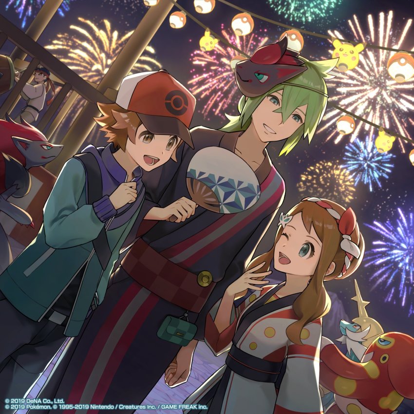 1girl 3boys :d alternate_color belt_buckle black_belt_(pokemon) blue_jacket brown_eyes brown_hair buckle collarbone commentary_request drum fireworks gen_1_pokemon gen_5_pokemon gen_8_pokemon grapploct green_hair hair_between_eyes hand_up hat highres hilbert_(pokemon) hilda_(pokemon) hilda_(summer_2022)_(pokemon) holding holding_paddle instrument jacket japanese_clothes kimono long_hair long_sleeves mask mask_on_head multiple_boys n_(pokemon) n_(summer_2022)_(pokemon) night nintendo nrmya official_art open_mouth outdoors paddle pants pikachu pokemon pokemon_bw pokemon_masters_ex samurott sash shiny_pokemon short_hair sidelocks sky smile teeth themed_object tongue zoroark