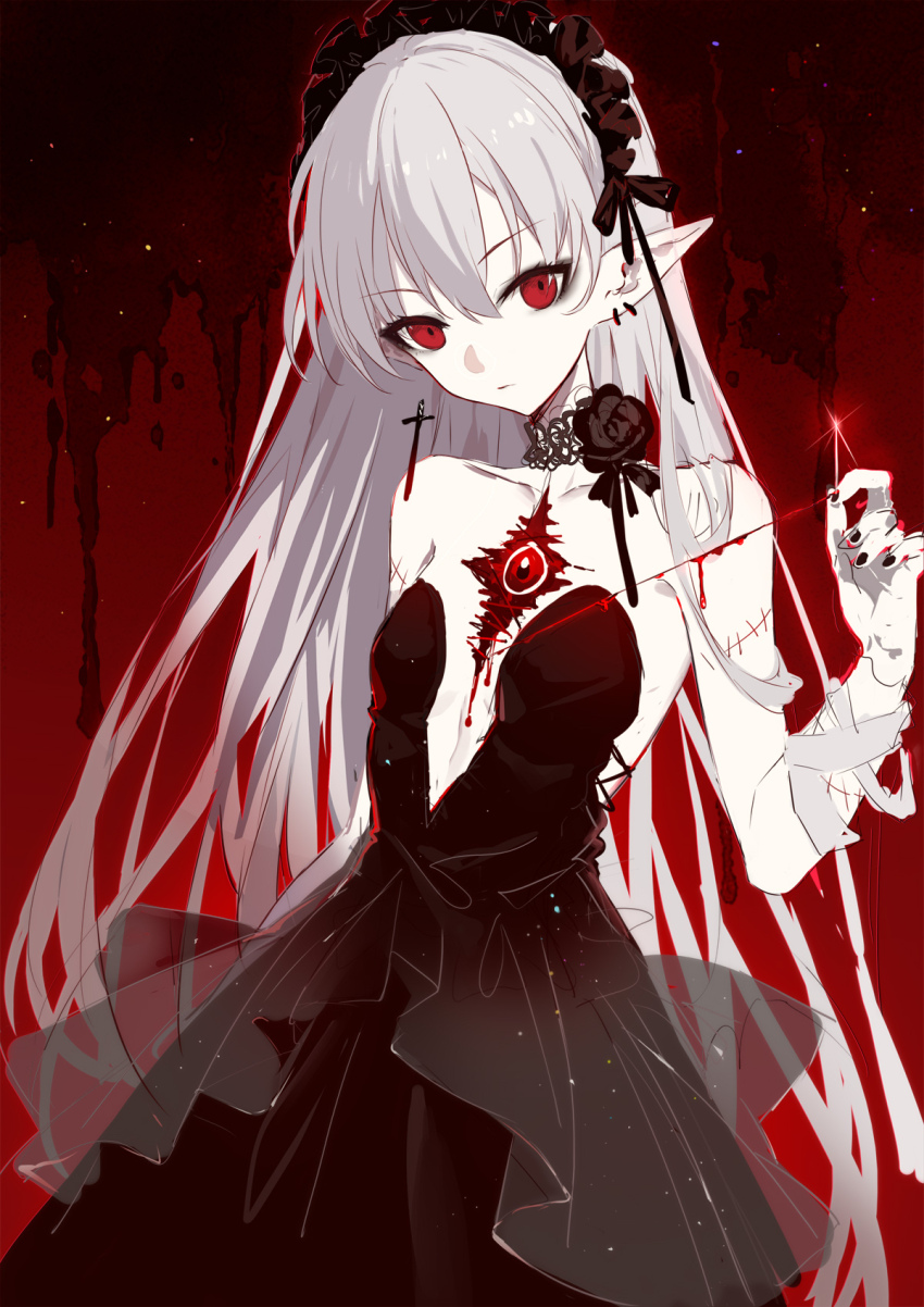 1girl alternate_costume arknights bandages bare_shoulders black_choker black_dress black_flower black_nails black_rose choker closed_mouth collarbone corset_piercing cowboy_shot cross dress earrings flat_chest flower glint hairband highres holding holding_needle jewelry lolita_hairband long_hair looking_at_viewer nail_polish needle pointy_ears red_eyes rose see-through_clothes shi-chen solo strapless strapless_dress third_eye very_long_hair warfarin_(arknights) white_hair