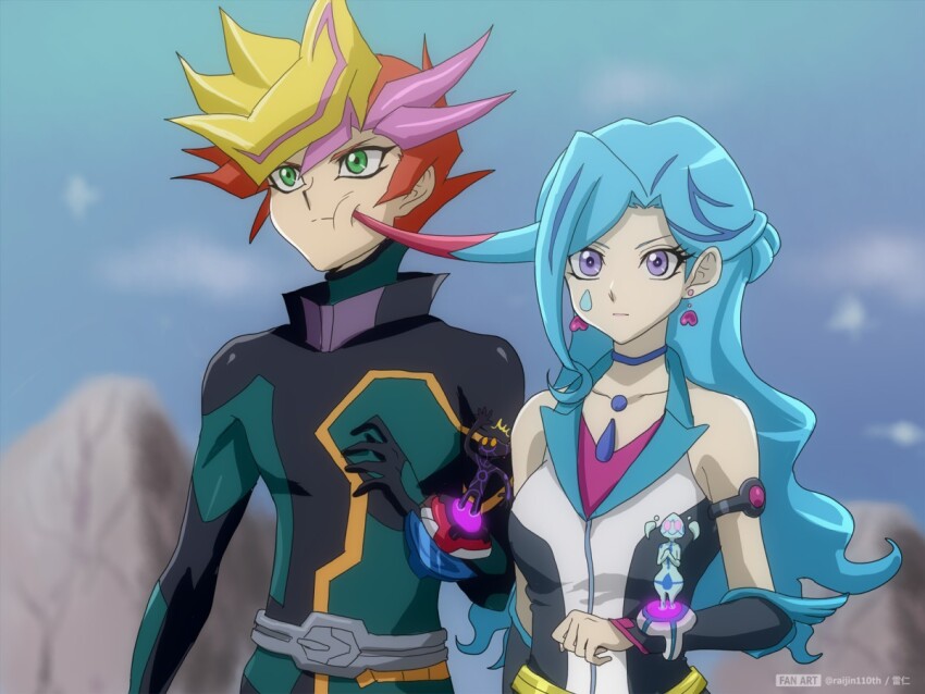 1boy 1girl 2others ai_(yu-gi-oh!) alternate_form annoyed aqua_(yu-gi-oh!_vrains) black_arm_warmers black_bodysuit blue_choker blue_eyes blue_hair blue_maiden blue_sky blurry blurry_background body_markings bodysuit cheek_poking choker clenched_hand colored_bangs colored_tips duel_disk expressionless facing_to_the_side facing_viewer floating_hair fujiki_yusaku green_bodysuit green_eyes hand_up hands_on_own_chest humanoid_robot long_hair loose_hair_strand mountain mountainous_horizon multicolored_hair multiple_others outstretched_arm own_hands_together parody parted_bangs pink_eyes playmaker_(yu-gi-oh!) poking popped_collar raijin-bh red_hair robot shirt side-by-side sky sleeveless sleeveless_shirt solid_circle_eyes solid_eyes solid_oval_eyes surprised teardrop_facial_mark twintails two-tone_bodysuit vest white_bodysuit white_vest yellow_eyes yellow_trim yu-gi-oh! yu-gi-oh!_vrains zaizen_aoi