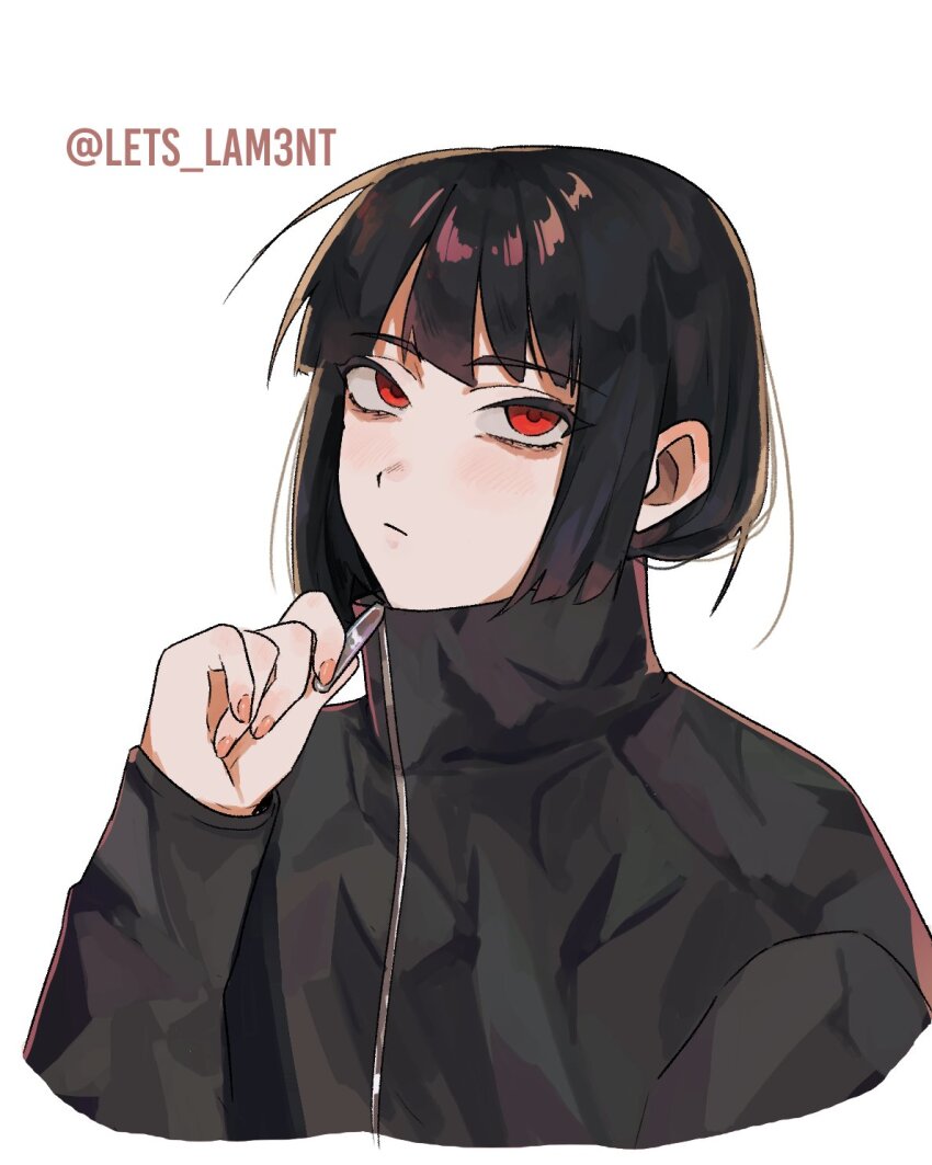 1girl artist_name black_hair black_jacket bob_cut closed_mouth commentary cropped_shoulders highres jacket lets_lam3nt light_blush limbus_company project_moon red_eyes ryoshu_(project_moon) short_hair simple_background solo symbol-only_commentary track_suit twitter_username white_background zipper
