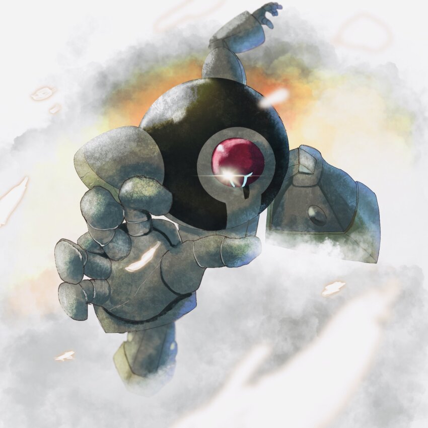 1boy blue_eyes blurry blurry_foreground duel_monster elemental_hero_clayman full_body glint golem highres male_focus solo tokage_(tokageymimr) yu-gi-oh!