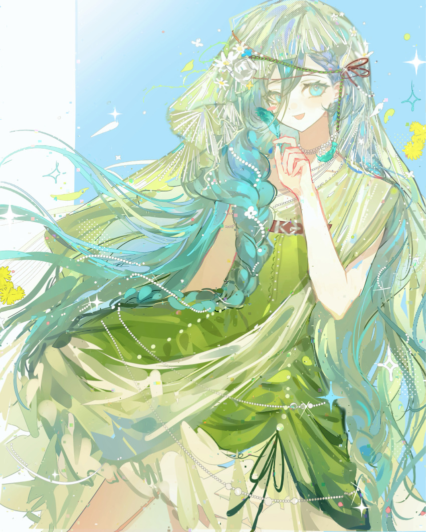 1girl 37_(happy_bird_catcher)_(reverse:1999) 37_(reverse:1999) :d absurdres blue_background blue_eyes blue_hair braid cowboy_shot dress floating_hair flower green_dress green_veil hair_flower hair_ornament hand_up highres long_hair looking_at_viewer official_alternate_costume open_mouth reverse:1999 short_dress single_off_shoulder smile solo twin_braids veil very_long_hair weiyan_(nbnbmwnl) white_flower