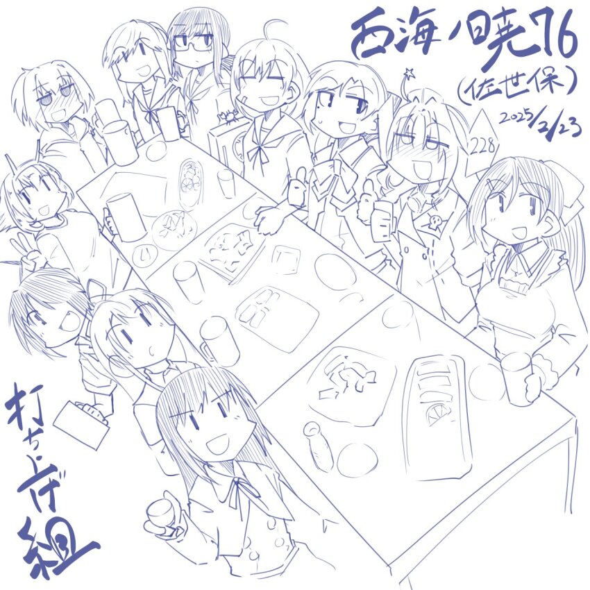 6+girls ahoge akigumo_(kancolle) asashimo_(kancolle) bandaid bandaid_on_face bespectacled character_request chips_(food) closed_eyes drum_(kancolle) food fubuki_(kancolle) glasses headgear highres honketsu kako_(kancolle) kantai_collection lineart long_hair mamiya_(kancolle) multiple_girls oboro_(kancolle) ponytail rodney_(kancolle) shiranui_(kancolle) short_hair table thumbs_up upper_body usugumo_(kancolle)