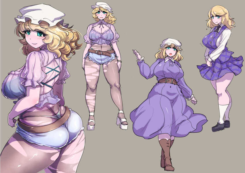 1girl aqua_eyes ass belt black_footwear blonde_hair blue_panties boots breasts brown_footwear cleavage commentary cosplay cross-laced_clothes dress enajii grey_background highres large_breasts looking_at_viewer maribel_hearn medium_hair multiple_views navel panties pantyhose plaid_clothes plaid_skirt plaid_vest purple_dress purple_skirt purple_vest see-through_clothes short_hair simple_background skirt socks thong torn_clothes torn_pantyhose touhou underwear usami_sumireko usami_sumireko_(cosplay) vest whale_tail_(clothing) white_headwear white_socks