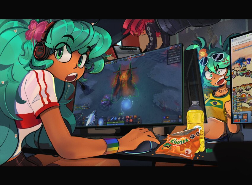 3girls absurdres aqua_eyes aqua_hair bead_necklace beads ben_sadfleck black_jacket brazilian_miku commentary cropped_shirt dota_(series) dota_2 drill_hair english_commentary flower hair_flower hair_ornament hatsune_miku headphones highres jacket jewelry kasane_teto latin_american_hatsune_miku_(meme) looking_at_viewer multiple_girls necklace open_mouth peru peruvian_flag peruvian_football_federation pink_flower pink_hair plastic_bottle shirt short_sleeves sidelocks twin_drills twintails utau vocaloid white_shirt worldwide_miku yellow_shirt
