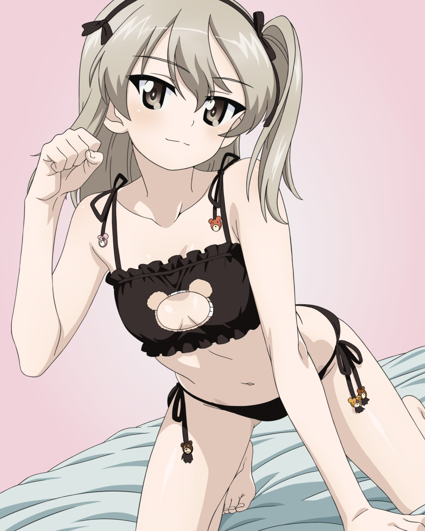1girl bed black_panties blush bra breasts brown_eyes cleavage closed_mouth collarbone girls_und_panzer highres indoors lingerie long_hair looking_at_viewer lucasddst on_bed panties paw_pose shimada_arisu side-tie_panties small_breasts smile solo underwear white_bra white_hair