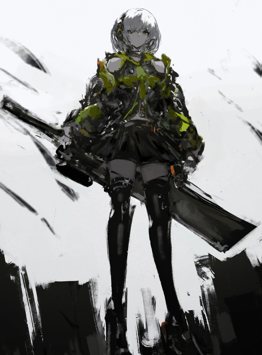 1girl absurdres anby_demara black_footwear black_gloves black_skirt black_thighhighs brown_eyes closed_mouth expressionless fingerless_gloves gloves grey_background hair_between_eyes headphones highres holding holding_sword holding_weapon looking_at_viewer short_hair sidelocks simple_background skirt solo standing sword thighhighs tuda6 weapon white_hair zenless_zone_zero