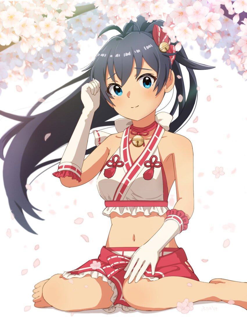 1girl antenna_hair aqua_eyes armpits bare_shoulders barefoot bell bikini black_hair bow breasts cherry_blossoms closed_mouth collarbone concept_maihime_(idolmaster) dot_nose elbow_gloves falling_petals frilled_gloves frilled_shirt frilled_skirt frills full_body ganaha_hibiki gloves hair_bell hair_ornament hair_ribbon halter_shirt halterneck hand_on_own_knee hand_up highres hip_vent huri_hui2 idolmaster idolmaster_(classic) idolmaster_million_live! idolmaster_million_live!_theater_days jingle_bell kneeling light_blush long_hair looking_at_viewer medium_breasts midriff miniskirt navel neck_bell nontraditional_miko official_alternate_costume petals pink_bikini pink_petals pink_ribbon pink_skirt pleated_skirt ponytail ribbon ribbon-trimmed_gloves ribbon-trimmed_shirt ribbon_trim shirt shy side-tie_bikini_bottom sidelocks simple_background sitting skirt sleeveless sleeveless_shirt solo swimsuit very_long_hair waist_bow wariza white_background white_gloves