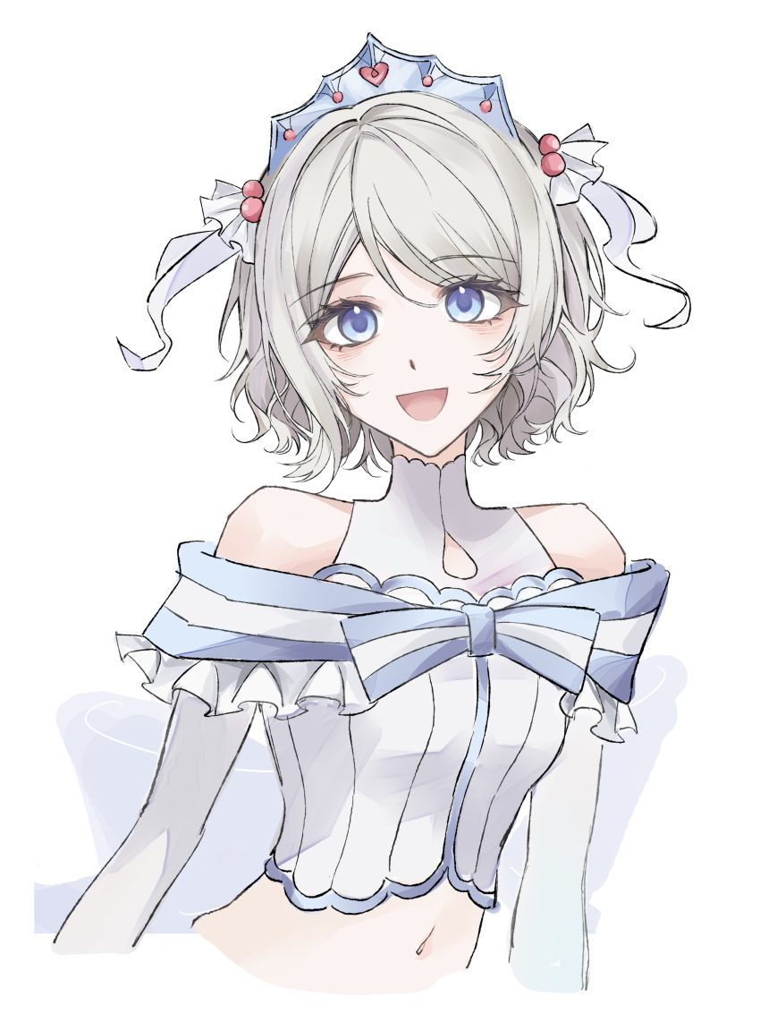 1girl absurdres arms_at_sides bare_shoulders blue_eyes bow breasts brown_hair clothing_cutout crop_top crown dress frills grey_hair hair_ornament heart highres koi_ni_naritai_aquarium looking_at_viewer love_live! love_live!_sunshine!! midriff navel open_mouth seki8273 short_hair simple_background smile solo stomach tiara upper_body watanabe_you wavy_hair white_background
