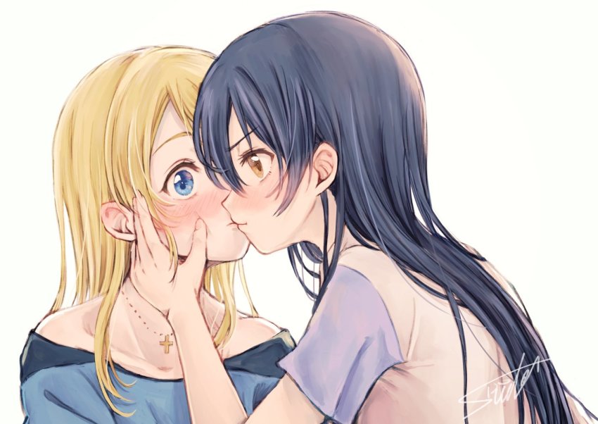2girls ayase_eli blonde_hair blue_eyes blue_hair blush commentary_request eye_contact face-to-face hand_on_another&#039;s_cheek hand_on_another&#039;s_face kiss long_hair looking_at_another love_live! love_live!_school_idol_project multiple_girls signature simple_background sonoda_umi suito white_background yellow_eyes yuri