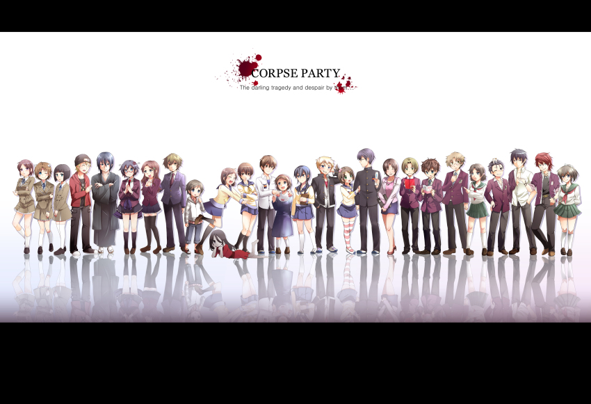 6+boys 6+girls amatoya_nari corpse_party different_reflection english_text engrish_text everyone fukuroi_masato highres inumaru_haruyuki katayama_ryousuke kibiki_kou kirisaki_touko kishinuma_yoshiki kizami_yuuya kurosaki_kensuke letterboxed lineup mochida_satoshi mochida_yuka morishige_sakutarou multiple_boys multiple_girls nakashima_naomi ogasawara_nana ookawa_tomohiro ooue_sayaka ranguage reflection rokuhara saenoki_naho shimada_kai shimada_kai_(corpse_party) shinohara_seiko shinohara_yuu shinozaki_ayumi shinozaki_sachiko shishido_yui shoes suzumoto_mayu taguchi_shougo thighhighs uwabaki yamamoto_mitsuki yamase_chihaya