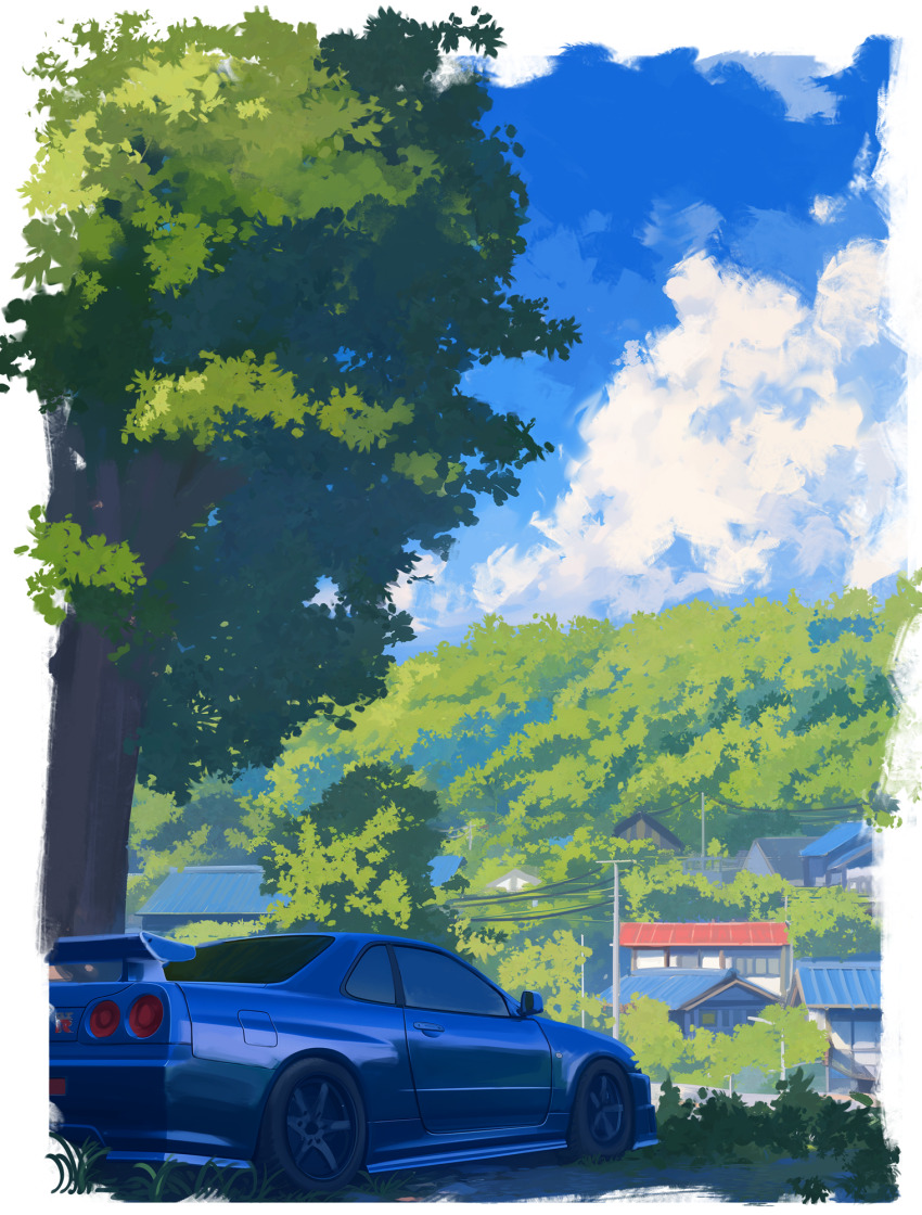 blue_car blue_sky bush car cloud commentary english_commentary grass highres house motor_vehicle nerogmi nissan nissan_skyline nissan_skyline_r34 no_humans original painterly power_lines scenery shade sky tree tree_shade under_tree