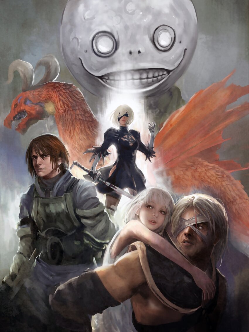 2b_(nier:automata) 2girls 3boys angel_(drag-on_dragoon) armor art_of_papayou bandaged_head bandages black_blindfold black_dress black_gloves black_shirt black_sleeves blindfold body_armor breasts brown_eyes brown_hair caim_(drag-on_dragoon) carrying cleavage_cutout closed_mouth clothing_cutout commentary_request cosplay cowboy_shot crossover curled_horns detached_sleeves drag-on_dragoon drag-on_dragoon_1 dragon dress elbow_gloves emil_(nier) emil_(nier)_(cosplay) father_and_daughter feather-trimmed_sleeves french_commentary gloves green_scarf grey_eyes grey_jacket grey_pants grin hair_between_eyes highres holding holding_sword holding_weapon horns in-franchise_crossover jacket juliet_sleeves long_sleeves looking_at_viewer looking_back looking_to_the_side medium_breasts medium_hair multiple_boys multiple_crossover multiple_girls muscular muscular_male nier nier:automata nier_(father) nier_(series) open_mouth orange_eyes pants parted_lips pauldrons piggyback puffy_sleeves scarf sharp_teeth shirt short_hair shoulder_armor sidelocks single_pauldron skull three-quarter_sleeves smile standing sword teeth thighhighs torn_wings turtleneck turtleneck_dress turtleneck_shirt two-tone_gloves upper_body weapon western_dragon white_dress white_gloves white_hair wings yoko_taro yonah