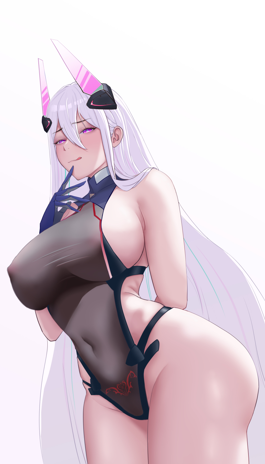 1girl :q absurdres arm_behind_back azur_lane black_leotard blue_gloves blue_pupils breasts chinese_commentary commentary_request corruption covered_erect_nipples covered_navel cowboy_shot gloves hair_between_eyes headgear highres kearsarge_(azur_lane) large_breasts leotard long_hair orchery pubic_tattoo purple_eyes sideboob simple_background solo tattoo tongue tongue_out very_long_hair white_background white_hair