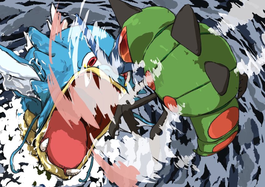 aomon_(yuuji7604) battle blue_skin bug colored_skin compound_eyes fangs fins flapping flying gen_1_pokemon gen_4_pokemon green_skin gyarados head_fins highres insect_wings nintendo no_humans open_mouth outdoors pokemon pokemon_(creature) pokemon_focus red_eyes sea_serpent spines surfacing water wings yanmega