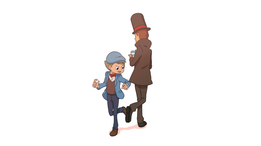 2boys animated animated_gif belt bow bowtie brown_hair cup dancing drinking hat hershel_layton highres holding holding_plate jacket luke_triton male_focus multiple_boys open_clothes open_jacket plate professor_layton simple_background smile teacup tiya-miniscule top_hat white_background