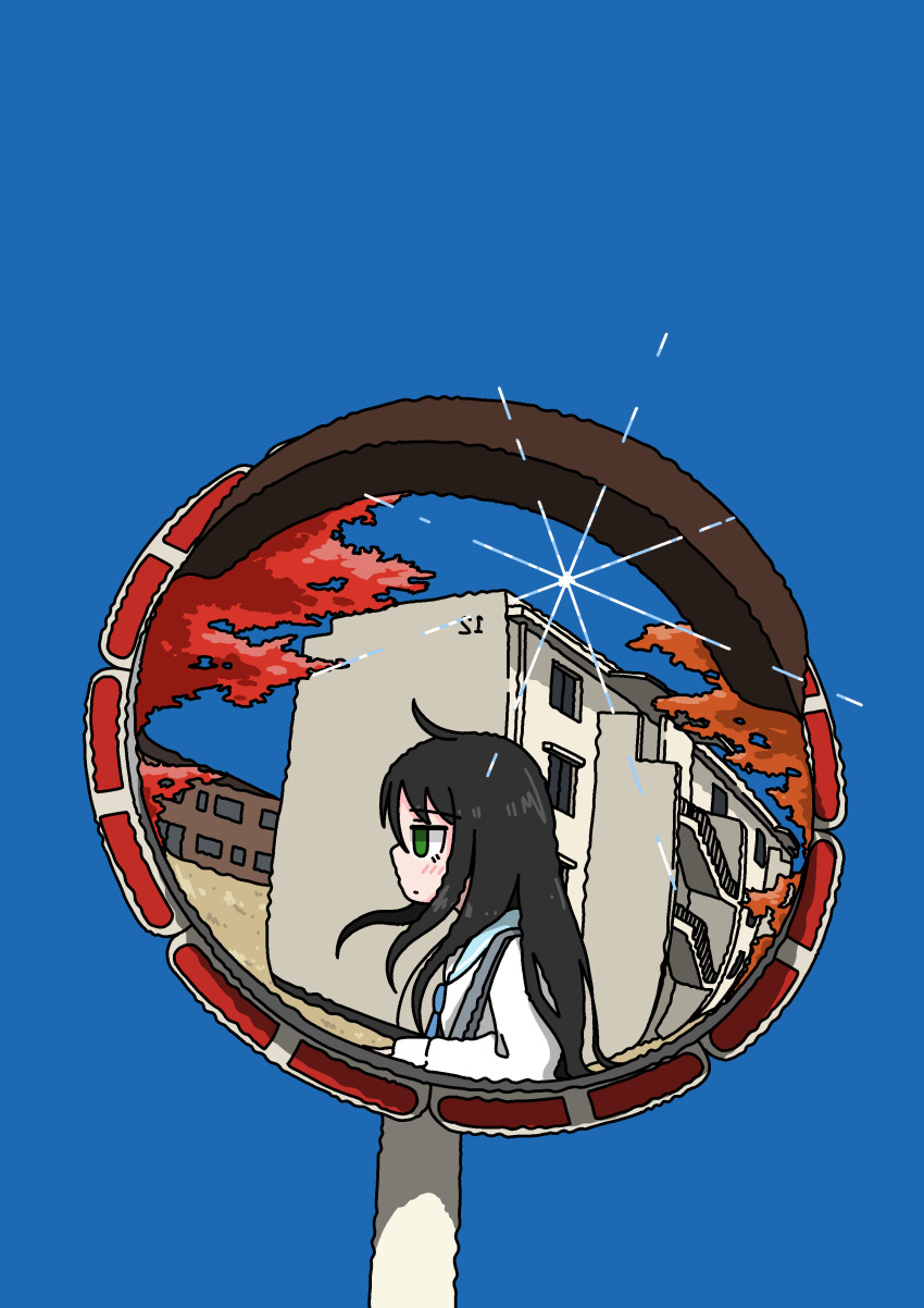 1girl absurdres apartment autumn black_hair building day emesan_desu glint highres long_hair original outdoors reflection reflection_focus school_uniform serafuku shirt solo traffic_mirror white_shirt
