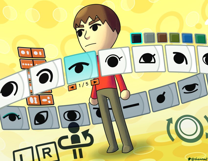 1boy absurdres attribute_slider black_eyes black_pants brown_hair brown_pants character_creation closed_mouth commentary english_commentary frown gameplay_mechanics guest_c_(mii) handheld_game_console highres male_focus mii_(nintendo) mob_face nintendo nintendo_3ds outdoors pants red_shirt shemmmet shirt short_hair solo standing tomodachi_life user_interface