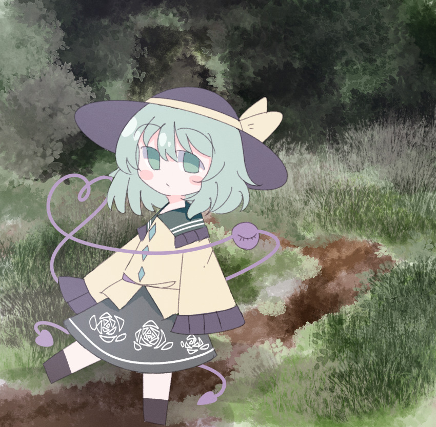 1girl arms_at_sides black_boots black_hat blouse blush boots bow bush buttons chibi closed_mouth commentary_request diamond_button expressionless eyeball floral_print frilled_shirt_collar frilled_sleeves frills full_body grass green_eyes green_hair green_skirt hair_between_eyes hat hat_bow hat_ribbon heart heart_of_string highres komeiji_koishi long_sleeves looking_at_viewer medium_hair no_pupils outdoors ribbon rose_print shirt skirt sleeves_past_fingers sleeves_past_wrists solo third_eye touhou waroemon wide_sleeves yellow_bow yellow_ribbon yellow_shirt