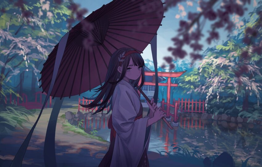 1girl black_hair blurry blurry_foreground commission day expressionless fence hairband hakama hakama_skirt holding holding_umbrella japanese_clothes long_hair miko mountain oil-paper_umbrella original outdoors pond red_hairband shrine skeb_commission skirt solo tensen_(dotted_line) torii umbrella water wide_sleeves