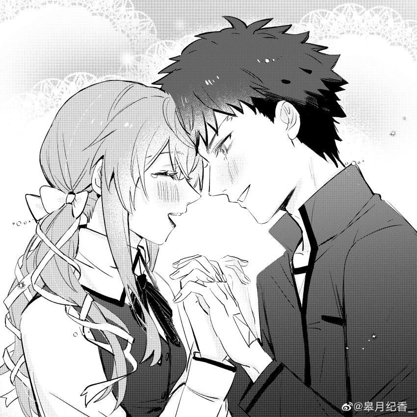 1boy 1girl :3 absurdres blush brown_vest closed_mouth couple cropped_torso emiya_shirou fate/stay_night fate_(series) greyscale hair_ornament hair_ribbon heart highres holding_hands homurabara_academy_school_uniform interlocked_fingers long_hair looking_at_viewer momomiya_shizuku_(gaoyue_jixiang) monochrome neck_ribbon non-web_source oc_x_canon orange_hair original pastels pink_eyes red_hair red_ribbon ribbon school_uniform second-party_source shirt simple_background smile v vest white_background white_shirt
