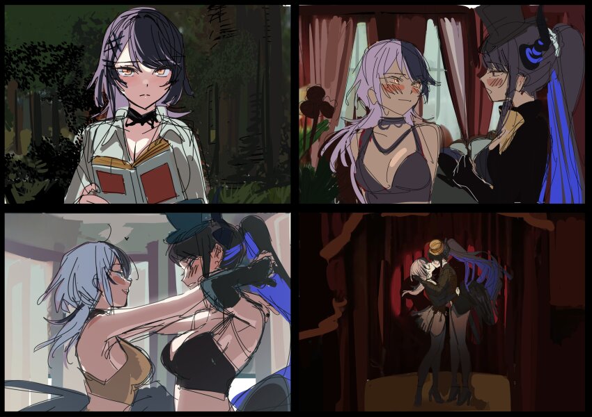 2girls absurdres black_bra black_gloves black_hair black_jacket blue_hair blush book bra breasts brown_bra cleavage closed_mouth commentary_request curtains dancing elbow_gloves gloves hat heart high_heels highres holding holding_book hololive hololive_english horns indoors jacket kiss large_breasts long_hair looking_at_another multicolored_hair multiple_girls nerissa_ravencroft open_mouth outdoors pink_hair ponytail shiori_novella smile streaked_hair top_hat tree two-tone_hair underwear virtual_youtuber wolf_cut yellow_eyes yomosaka yuri