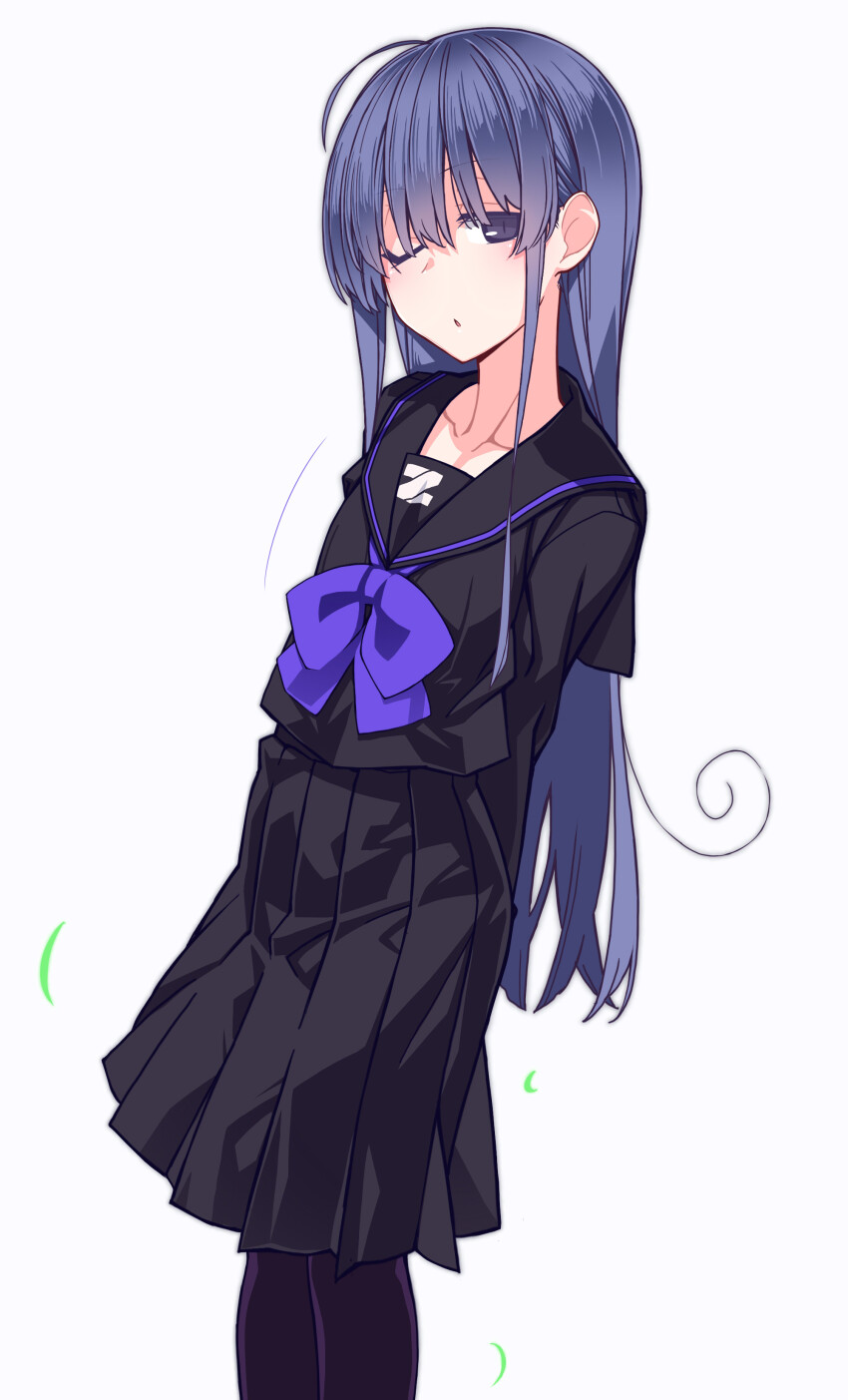 1girl absurdres arms_behind_back black_sailor_collar black_serafuku black_shirt black_skirt blue_bow blue_hair bow collarbone earrings highres jewelry kazami_nobuko long_hair original oteruko_(wanabeee) pantyhose piercing pleated_skirt sailor_collar school_uniform serafuku shirt skirt solo very_long_hair white_background