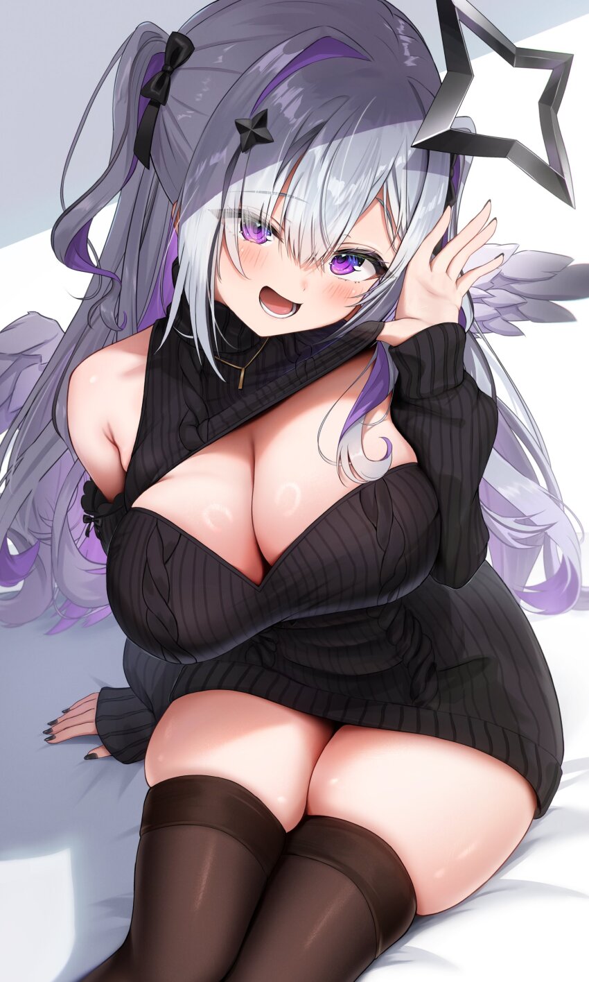 1girl :d absurdres amane_konata angel angel_wings bare_shoulders black_sweater black_thighhighs blush breasts cleavage cleavage_cutout clothing_cutout grey_hair halo highres hololive large_breasts lower_teeth_only meme_attire multicolored_hair open_mouth purple_eyes purple_hair skindentation smile solo star_halo streaked_hair sweater takotakochan_1006 teeth thighhighs thighs two-tone_hair two_side_up virgin_killer_sweater virtual_youtuber wings