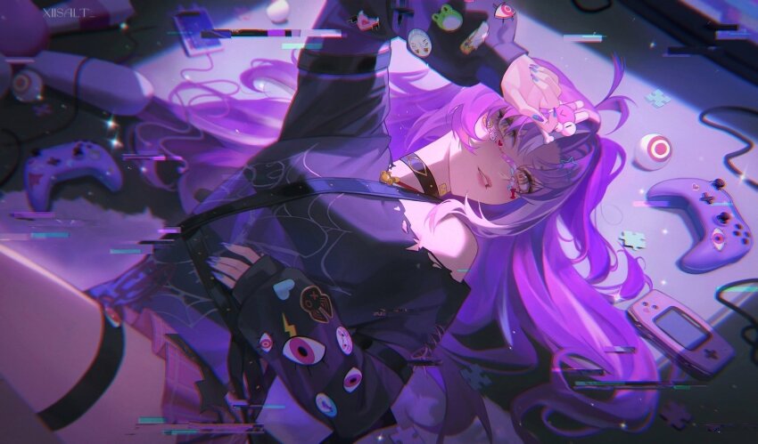 1girl antenna_hair artist_name bandaid bandaid_on_neck belt black_belt black_choker black_shirt blue_nails blurry blurry_background bone_hair_ornament cellphone choker commentary controller earbuds earphones english_commentary game_boy_advance game_controller gamepad glitch hair_ornament hair_over_one_eye hand_on_own_forehead hand_on_own_stomach handheld_game_console highres long_hair long_sleeves looking_at_viewer lying michi_mochievee michi_mochievee_(teen) miniskirt multicolored_nails multiple_belts official_alternate_costume on_back parted_lips phone pink_skirt print_shirt puffy_long_sleeves puffy_sleeves purple_eyes purple_nails purple_shirt puzzle_piece shirt single_bare_shoulder skirt smartphone solo sparkle star_(symbol) star_hair_ornament sticker_on_clothes striped_clothes striped_shirt teeth television thigh_strap torn_clothes torn_shirt two-tone_nails two-tone_shirt two_side_up upper_body virtual_youtuber vshojo xiisalt