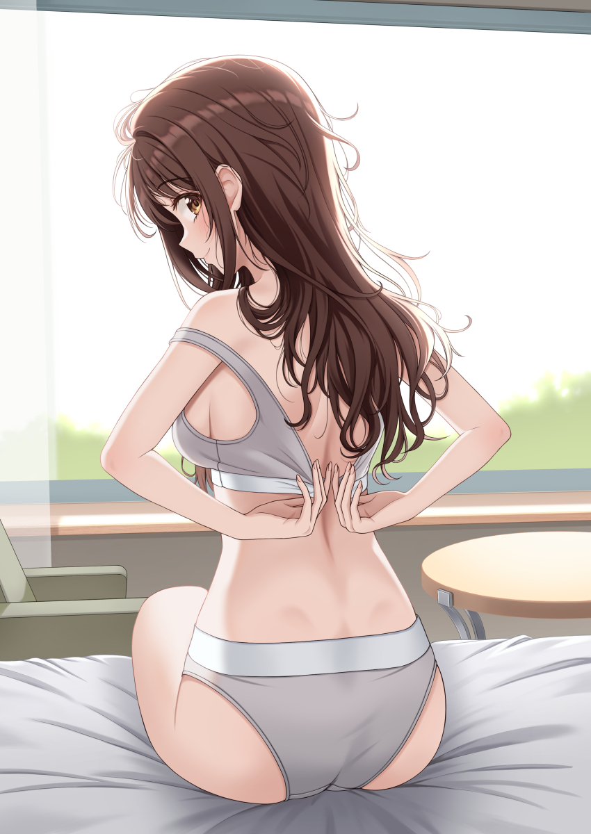 1girl absurdres adjusting_bra adjusting_clothes ass bed_sheet blush bra brown_eyes brown_hair closed_mouth commentary_request from_behind grey_panties grey_sports_bra highres idolmaster idolmaster_shiny_colors long_hair looking_at_viewer looking_back messy_hair on_bed panties sitting smile solo sonoda_chiyoko sports_bra sulgi_park underwear