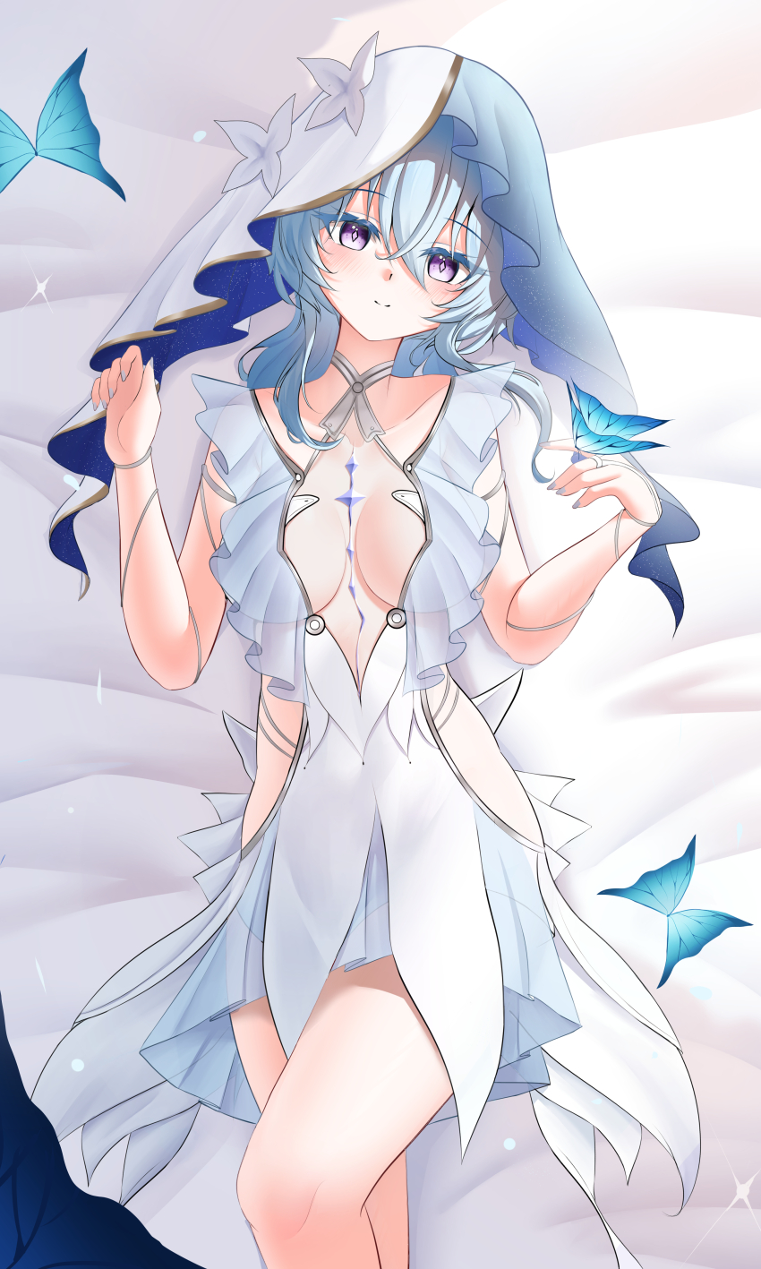 1girl absurdres blue_veil blush breasts highres knosdeba legs looking_at_viewer lying nail_polish self-upload shorekeeper_(wuthering_waves) simple_background smile veil white_veil wuthering_waves