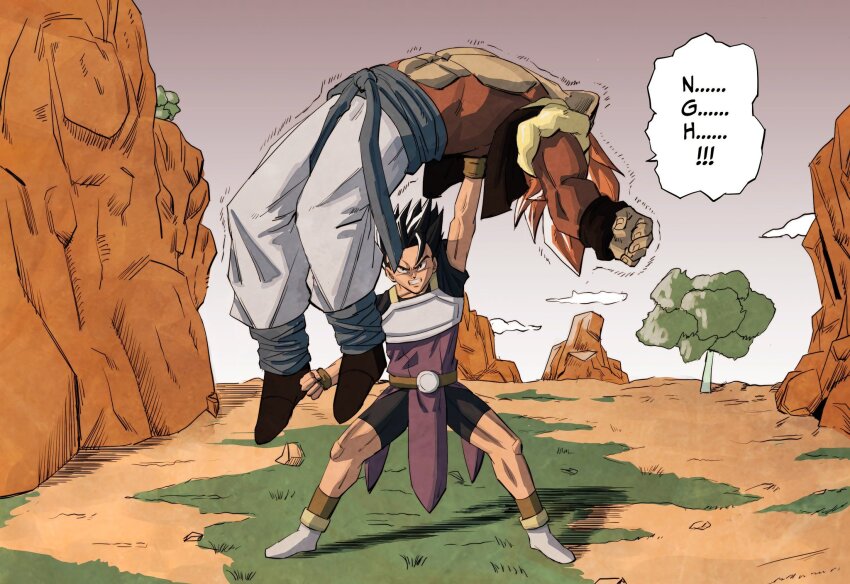 2boys alternate_color battle black_hair black_shirt black_shorts blue_sash cabba clenched_hand clenched_teeth comic_panel_redraw commentary derivative_work dragon_ball dragon_ball_gt dragon_ball_super dragonball_z english_commentary english_text facing_viewer gogeta grass highres in-franchise_crossover lifting_person long_hair looking_up male_focus metamoran_vest multiple_boys muscular muscular_male nose open_mouth pants red_hair saiyan_armor sash shirt short_sleeves shorts sleeveless speech_bubble spiked_hair standing super_saiyan super_saiyan_4 teeth tree v-shaped_eyebrows vest white_footwear white_pants zerooart