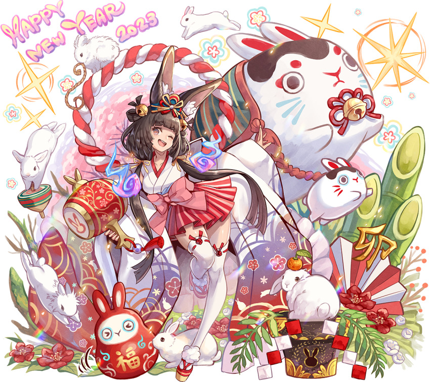 1girl 2023 animal animal_ears bamboo bell blunt_bangs blunt_ends brown_eyes brown_hair flower folding_fan fujimaru_(green_sparrow) full_body fur-trimmed_footwear fur_trim geta hair_bell hair_ornament hair_rings hand_fan happy_new_year holding holding_mallet japanese_clothes long_hair long_sleeves low_twintails mallet new_year nontraditional_miko one_eye_closed open_mouth original outstretched_arms pleated_skirt rabbit rabbit_ears rabbit_girl ribbon-trimmed_legwear ribbon_trim rope shimenawa skirt sleeves_past_wrists smile solo standing standing_on_one_leg thighhighs too_many too_many_rabbits twintails very_long_hair white_rabbit_(animal) wide_sleeves