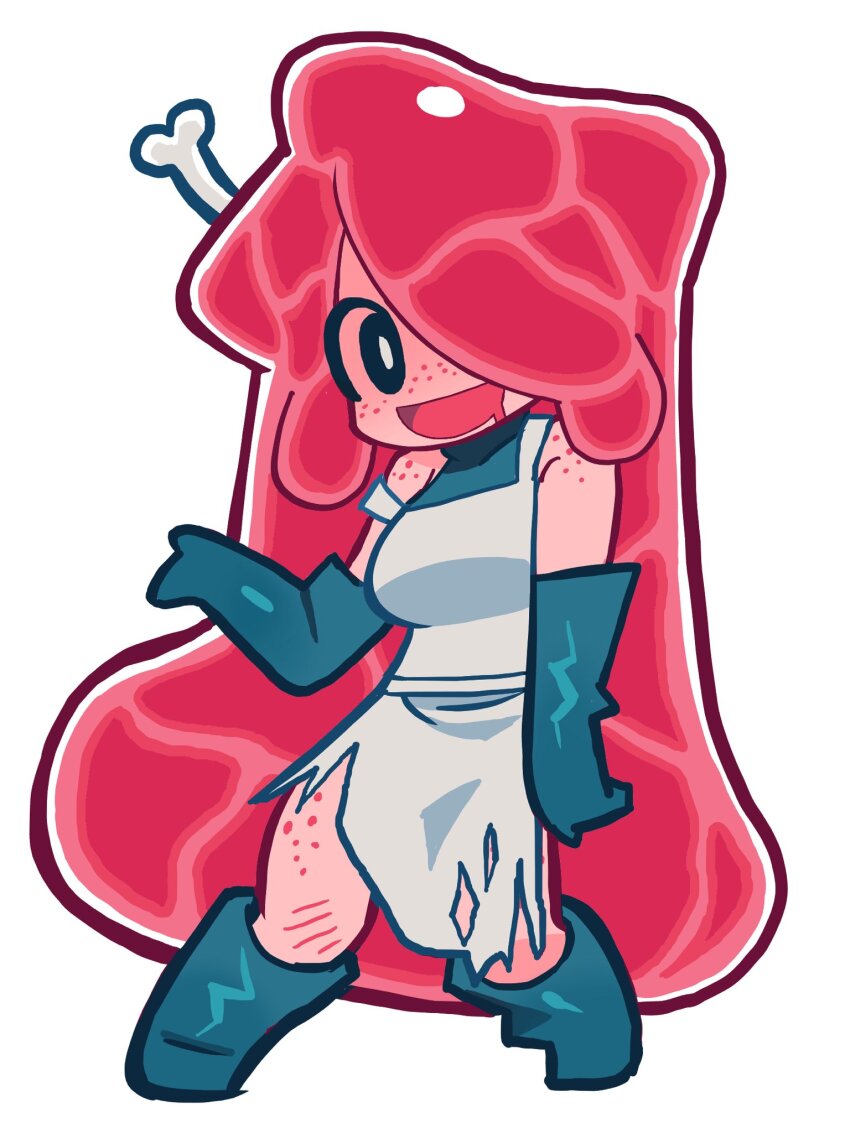 1girl apron black_eyes bone boots colored_skin deformed flesh freckles full_body gloves hair_over_one_eye hand_up highres kakke666 long_hair looking_at_viewer original pigeon-toed pink_hair pink_skin rubber_gloves simple_background solo standing torn_clothes turtleneck very_long_hair white_background