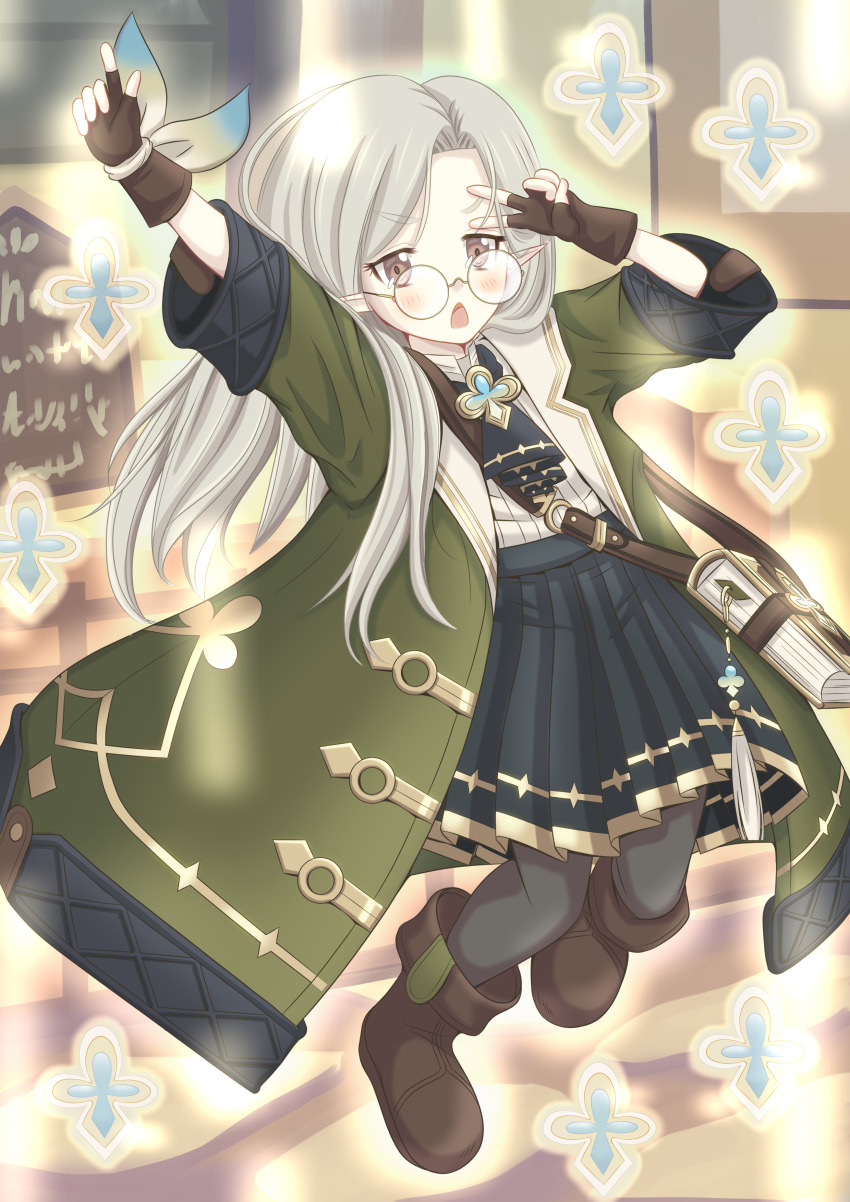 1girl absurdres arms_up boots breasts brown_eyes coat forehead glasses gloves green_coat highres long_hair nattsu_(nattsu_shiro) open_mouth pantyhose pointy_ears princess_connect! round_eyewear skirt small_breasts sono_(princess_connect!)