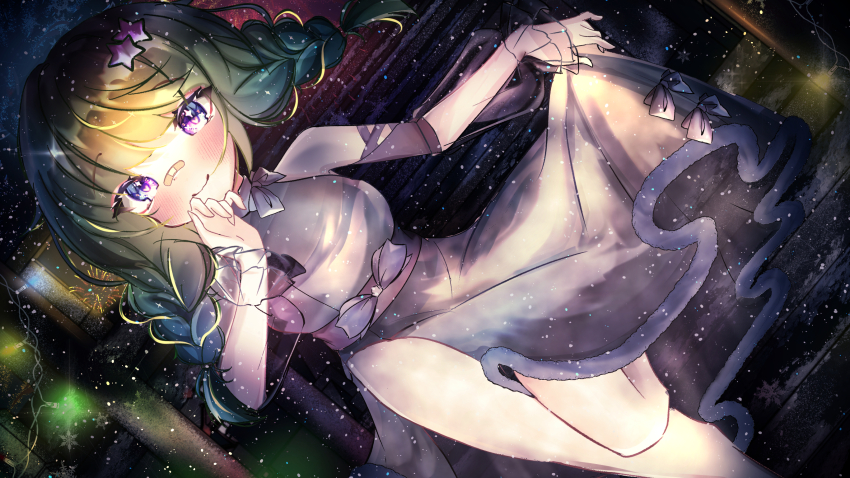 1girl bandaid bandaid_on_face bandaid_on_nose blush braid breasts closed_mouth dress dutch_angle fur-trimmed_dress fur_trim grey_dress hair_ornament high-low_dress highres light_particles long_hair looking_at_viewer low_twin_braids maynare medium_breasts mocha_(osu!) osu! outdoors purple_eyes second-party_source skirt_hold smile solo star_(symbol) star_hair_ornament twin_braids