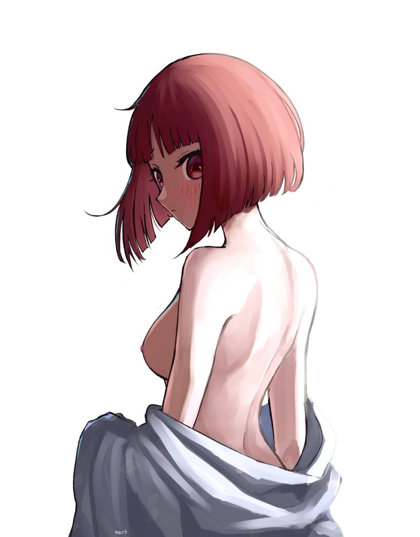 1girl arima_kana blush bob_cut breasts highres long_sleeves looking_at_viewer looking_back medium_breasts nipples oshi_no_ko red_eyes red_hair short_hair simple_background solo tsunkyunn undressing white_background