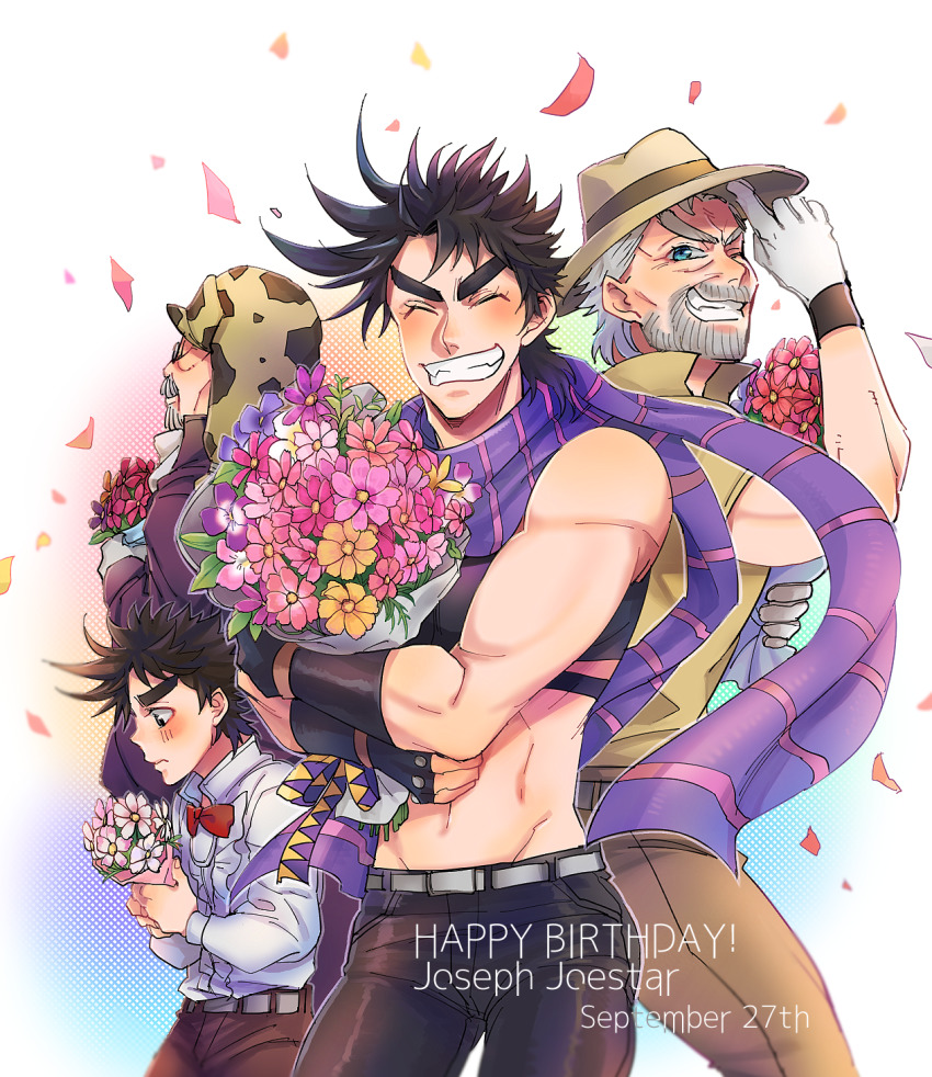 4boys abs aged_down aged_up battle_tendency beard bomber_hat bouquet brown_hair child confetti crop_top diamond_wa_kudakenai facial_hair fedora flower gloves grey_hair grin groin happy_birthday hat highres jojo_no_kimyou_na_bouken joseph_joestar joseph_joestar_(old) joseph_joestar_(young) male_focus mdriff multiple_boys old old_man purple_scarf ribbon scarf smile stardust_crusaders striped_clothes striped_scarf sunabu triangle_print white_gloves
