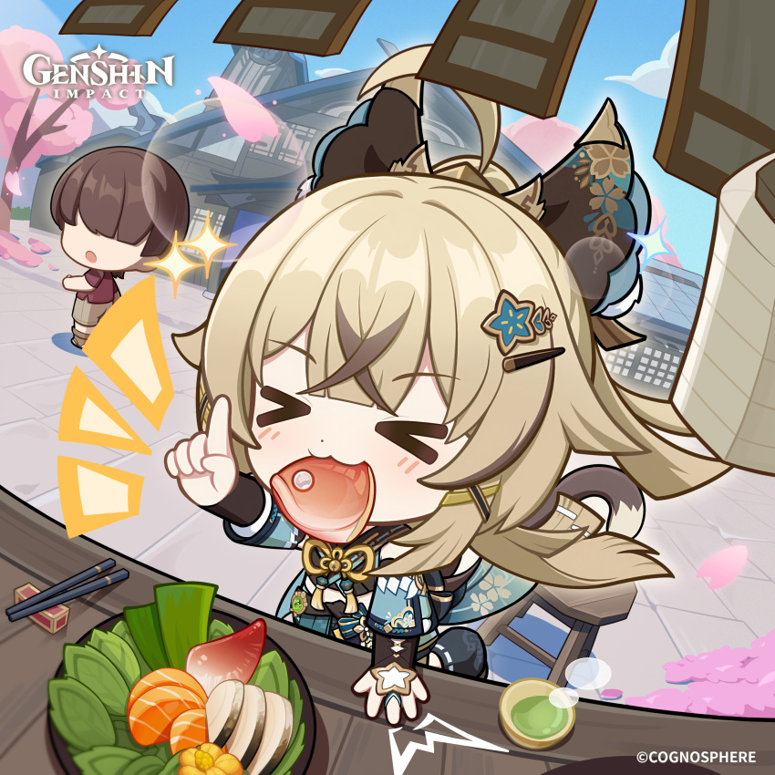 &gt;_&lt; 1boy 1girl :3 absurdres ahoge blue_sky blunt_bangs brown_hair building cat_tail chawan chibi chopsticks closed_eyes closed_mouth commentary copyright_name crossed_bangs day dot_nose eating english_commentary faceless faceless_male fish_head food genshin_impact green_tea hair_ornament hairclip highres index_finger_raised japanese_clothes kirara_(genshin_impact) light_blush long_hair mouth_hold official_art sky sliced_meat tail tassel tea vision_(genshin_impact) x_hair_ornament