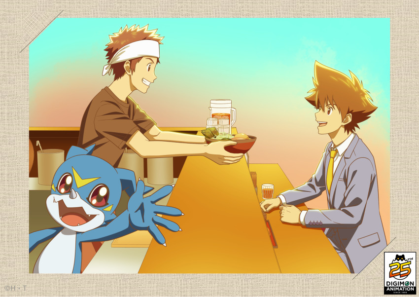 2boys black_shirt bowl brown_eyes brown_hair copyright_name counter digimon digimon_(creature) digimon_adventure:_last_evolution_kizuna digimon_adventure_02:_the_beginning food formal_clothes giving glass grey_suit hachimaki headband highres holding holding_bowl jacket logo looking_at_another looking_at_viewer male_focus motomiya_daisuke multiple_boys necktie noodles official_art pitcher_(container) ramen restaurant serving shirt spiked_hair suit suit_jacket t-shirt v-mon waving yagami_taichi yellow_necktie
