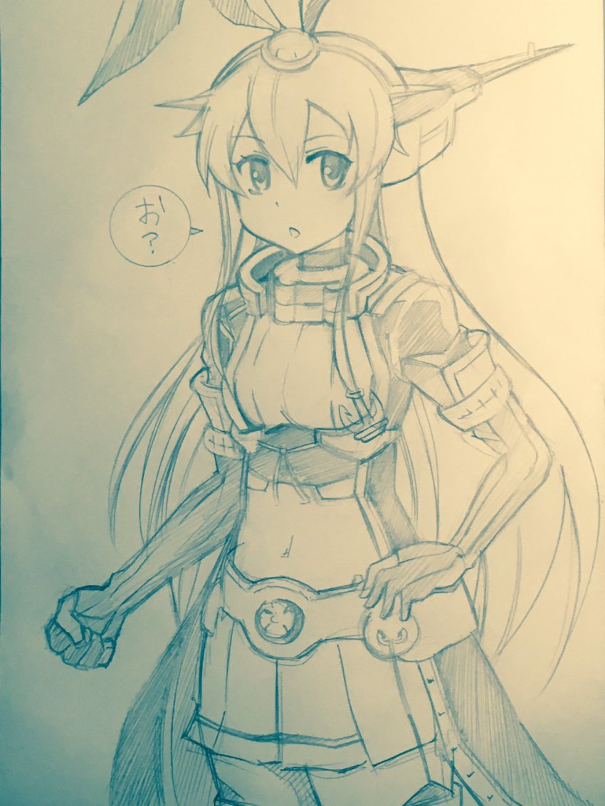 1girl anchor_hair_ornament animal_ears arm_guards clenched_hand collar commentary_request cosplay elbow_gloves fake_animal_ears female_focus garter_straps gloves hair_between_eyes hair_ornament hairband hand_on_own_hip headgear highres inoue_kousei kantai_collection long_coat long_hair looking_at_viewer midriff nagato_(kancolle) nagato_(kancolle)_(cosplay) navel open_mouth partially_fingerless_gloves pleated_skirt rabbit_ears remodel_(kantai_collection) shimakaze_(kancolle) sidelocks skirt solo thighhighs traditional_media translated