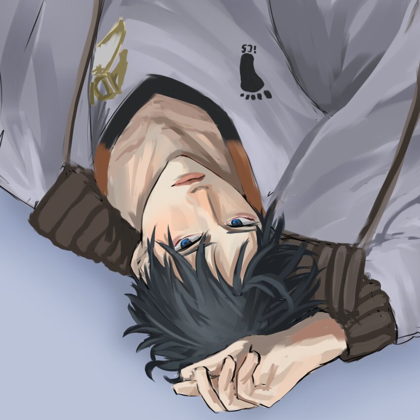 09dawg 1boy absurdres black_hair blue_eyes closed_mouth commentary english_commentary haikyuu!! highres jacket kageyama_tobio male_focus shirt short_hair simple_background solo sportswear track_jacket upside-down volleyball_uniform