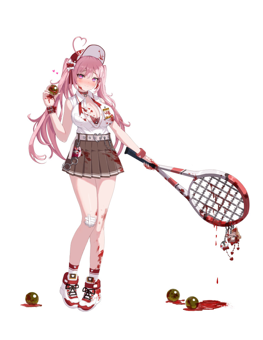 1girl absurdres ahoge ankle_socks ball barbed_wire bear_charm belt belt_collar blood blood_in_hair blood_on_chest blood_on_clothes blood_on_face blood_on_hands blood_on_leg blood_on_shoes blood_splatter blood_writing blue_eyes blush bow bra breasts center_opening charm_(object) closed_mouth collar collared_shirt commentary ddcc0123 dripping english_commentary english_text full_body gauze gauze_on_knee grey_skirt hair_between_eyes hand_up hat heart heart-shaped_pupils heart_ahoge highres holding holding_ball holding_racket large_breasts long_hair looking_at_viewer multicolored_shoes original pink_belt pink_hair pink_pupils pleated_skirt rabbit_charm racket red_belt red_bow red_bra red_hat red_ribbon red_shoes ribbon shirt shoes simple_background skirt sleeveless sleeveless_shirt sneakers socks solo standing sweatdrop symbol-shaped_pupils tag tennis_racket twintails two-tone_headwear two-tone_shoes two-tone_socks underwear visor_cap white_background white_bow white_hat white_shirt white_shoes white_socks wrist_belt