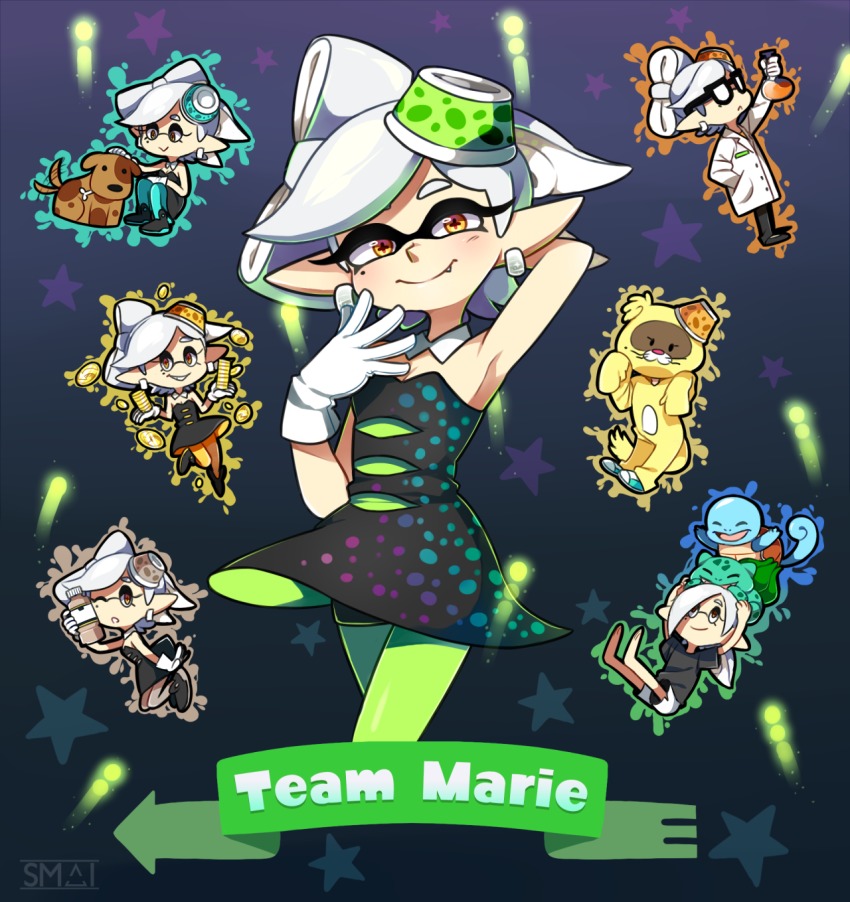 +_+ 1girl ;o arm_behind_head arm_up armpits artist_name beaker bespectacled blush bottle bulbasaur character_name costume crossover detached_collar dog dress earrings english_text fang gen_1_pokemon glasses gloves gradient_background green_pantyhose hair_down headpat highres jewelry lab_coat looking_at_viewer marie_(splatoon) mascot_costume mask mole mole_under_eye money multiple_persona nintendo one_eye_closed orange_pantyhose pantyhose pokemon pokemon_(creature) sami_(artist) sami_briggs short_eyebrows silver_hair smile squirtle star_(symbol) strapless strapless_dress white_gloves yellow_eyes
