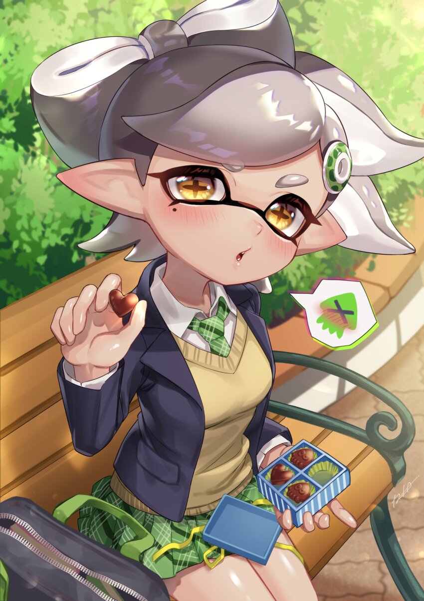1girl alternate_costume bag blazer blue_bag blue_jacket blush bow-shaped_hair box box_of_chocolates candy chocolate chocolate_heart collared_shirt commentary_request cross-shaped_pupils food green_necktie green_skirt grey_hair hair_ornament hairclip heart heart-shaped_food highres holding holding_box incoming_food inkling iria_(yumeirokingyo) jacket long_sleeves looking_at_viewer marie_(splatoon) medium_hair mole mole_under_eye necktie nintendo on_bench open_clothes open_jacket outdoors parted_lips plaid_clothes plaid_necktie pleated_skirt pointy_ears school_bag school_uniform shirt signature sitting skirt solo speech_bubble splatoon_(series) sweater_vest swept_bangs symbol-shaped_pupils tentacle_hair unworn_bag v-shaped_eyebrows white_shirt yellow_eyes yellow_sweater_vest