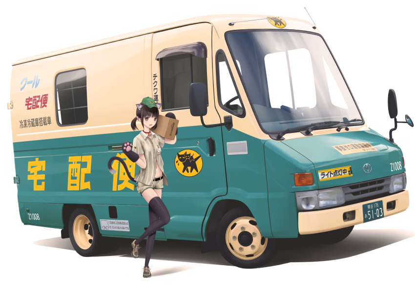 1girl animal_ears animal_hands bad_id bad_pixiv_id black_hair brand_name_imitation brown_eyes car cat_ears chikuwa_(glossymmmk) chikuwa_(odennabe) delivery female_focus gloves highres kneehighs motor_vehicle paw_gloves paw_pose right-hand_drive socks solo toyota twintails uniform van vehicle_focus yamato_transport