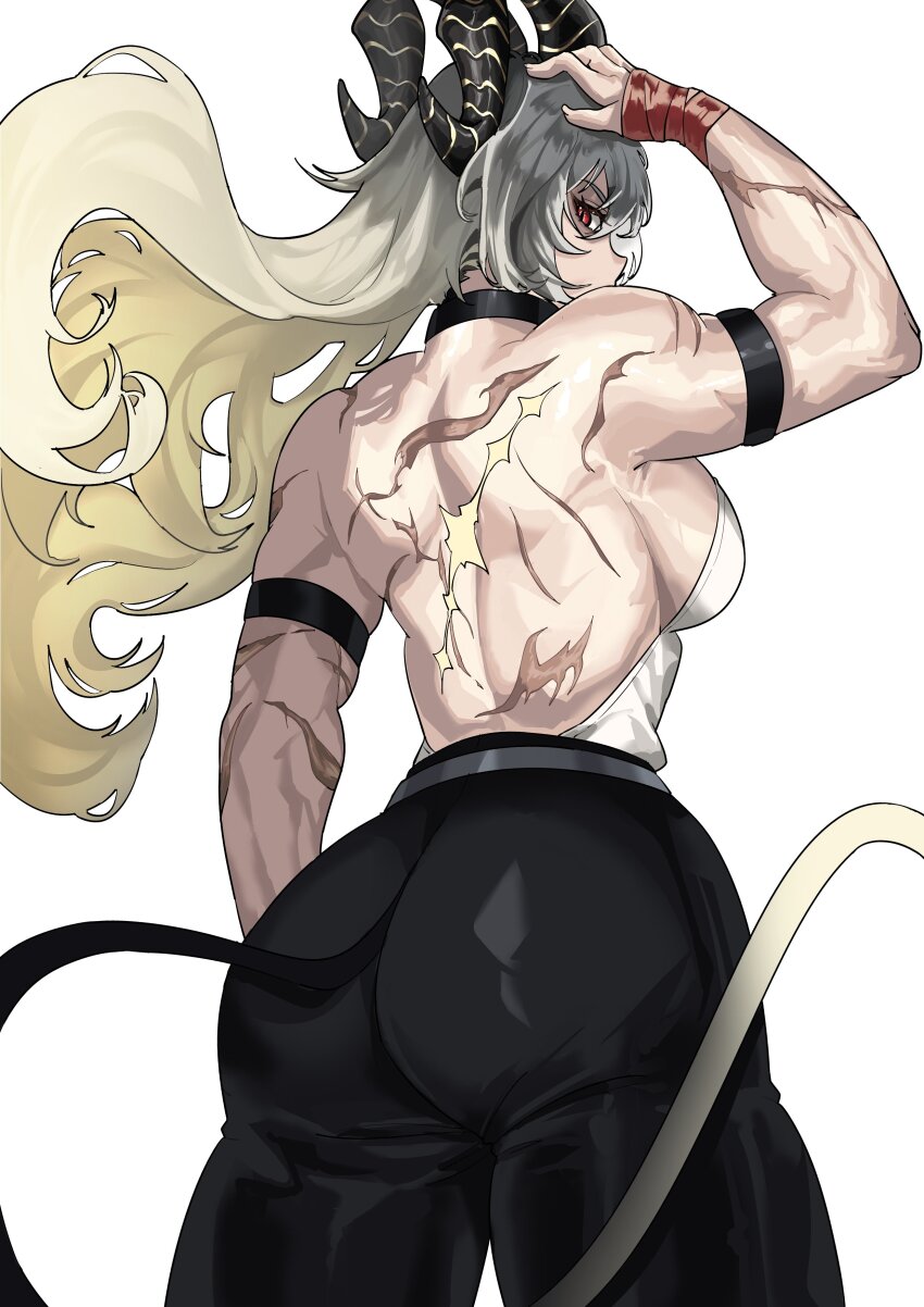 1girl absurdres alula456 arm_strap arm_up ass back back_focus backless_shirt bare_back black_horns black_pants breasts curled_horns hand_wraps highres horns looking_back median_furrow muscular muscular_female pants red_eyes scar scar_on_back shirt shoulder_blades white_hair white_shirt wuthering_waves zani_(wuthering_waves)