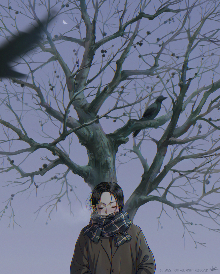 1girl 2022 absurdres arms_at_sides artist_name bare_tree bird black_hair breath brown_coat closed_eyes coat commentary copyright_notice crow day english_commentary eyelashes grey_scarf grey_sky highres original outdoors plaid_clothes plaid_scarf plant plant_focus scarf short_hair signature sky solo standing toti_(lanaq) tree upper_body winter_clothes winter_coat